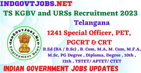 TS KGBV Recruitment 2024 for SO, CRT, PET, PGCRT posts .